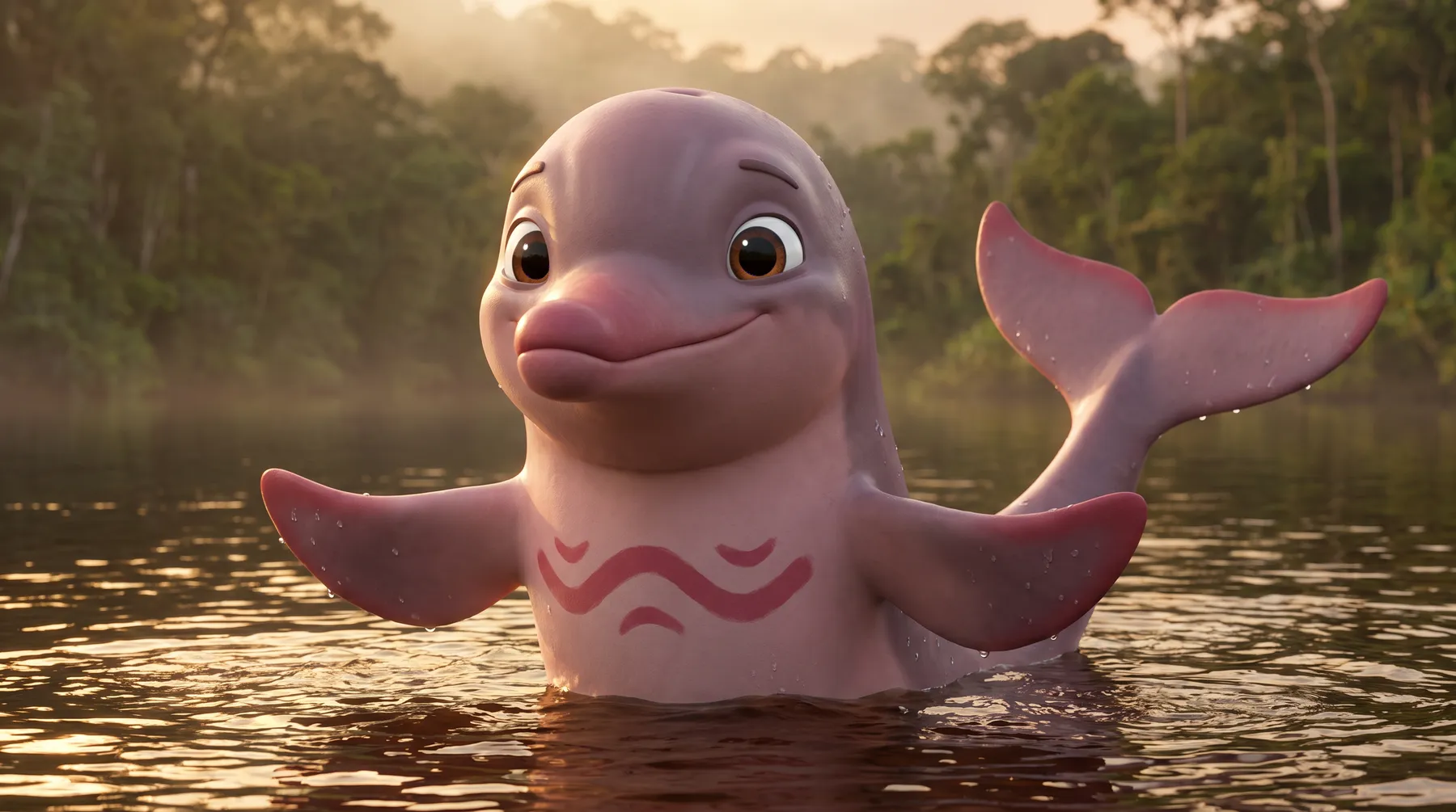 Riso, o boto-cor-de-rosa, sorrindo no rio ao amanhecer.