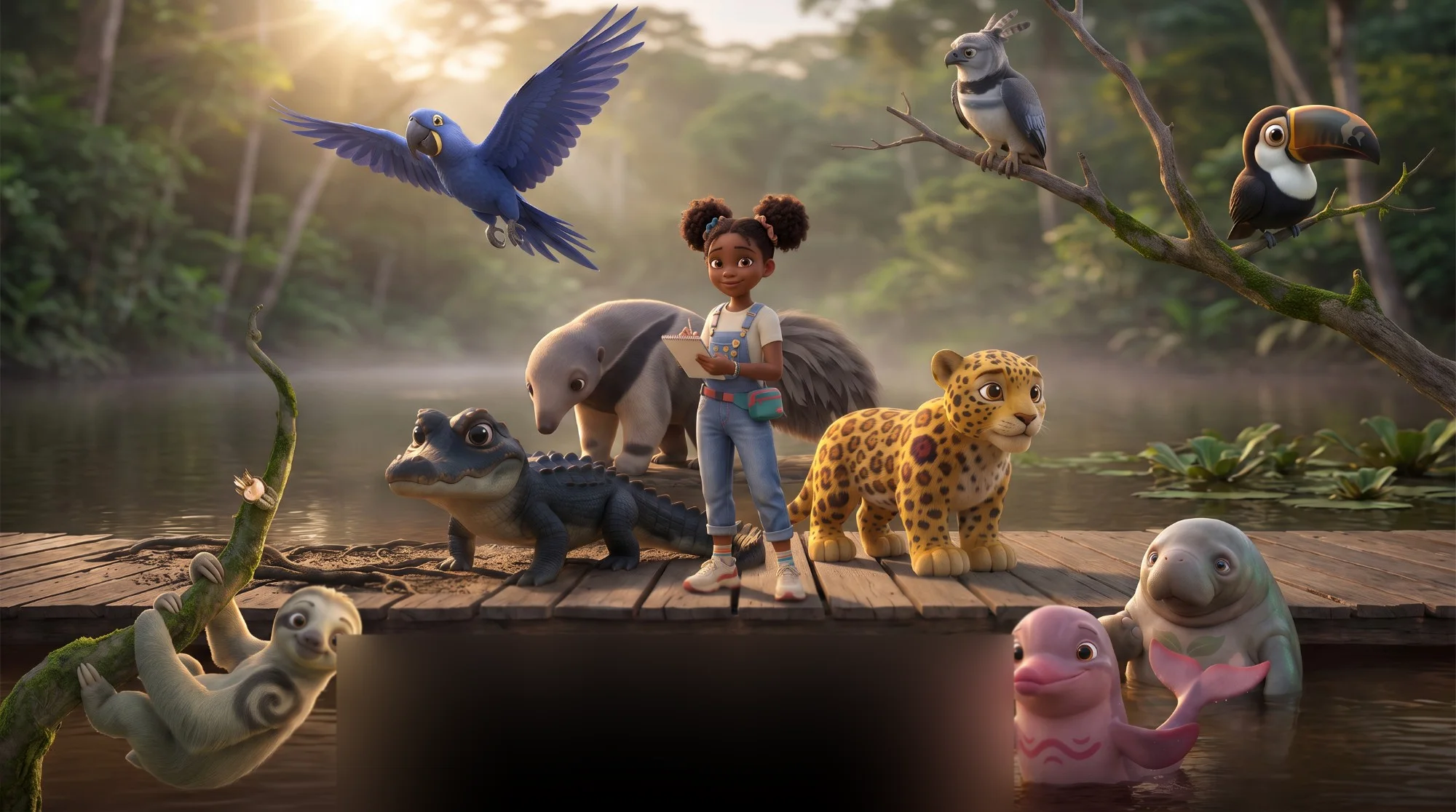 Dália, uma menina de sete anos, num píer na Amazônia cercada pelos nove Guardiões: boto, peixe-boi, jacaré, onça, preguiça, tamanduá, arara, tucano e harpia.